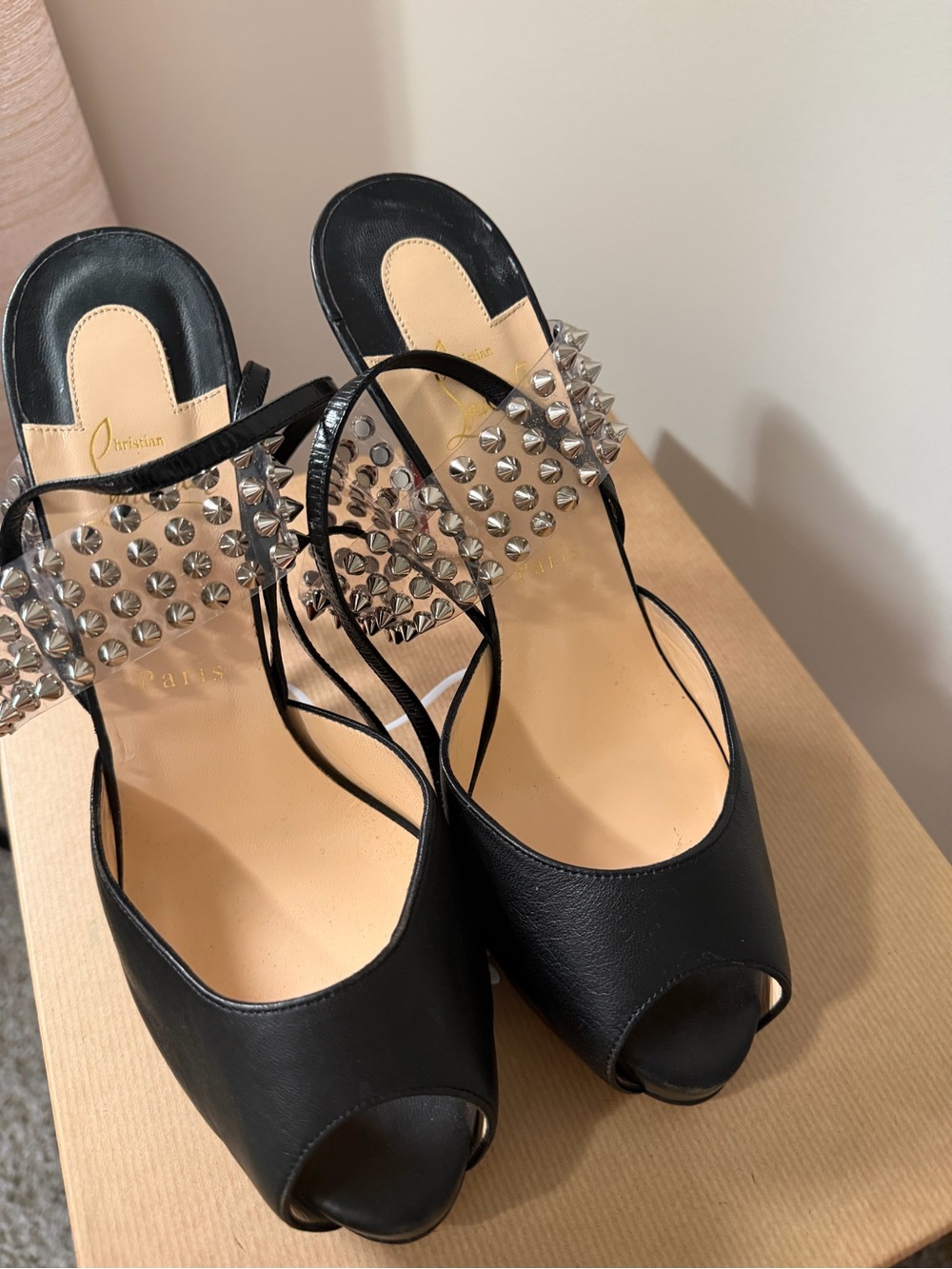 Christian Louboutin Spike PVC Platform Heels – Black/Silver Red Bottoms
